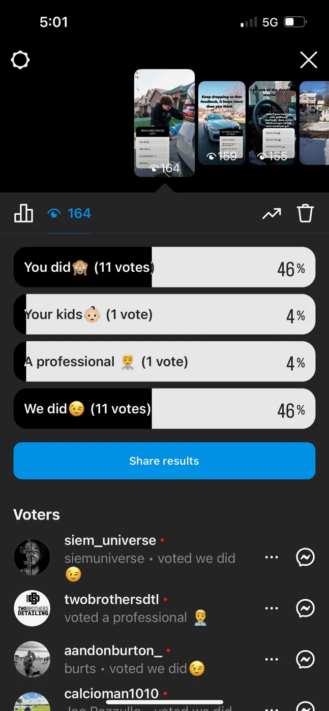 Instagram story poll results, 164 views