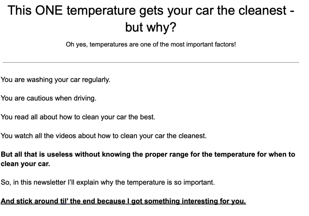 Email 3: the temperature for a clean car