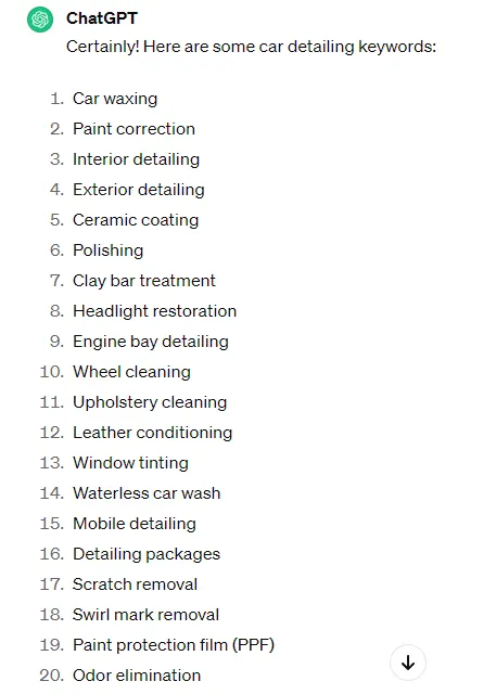 ChatGPT list of car detailing keywords