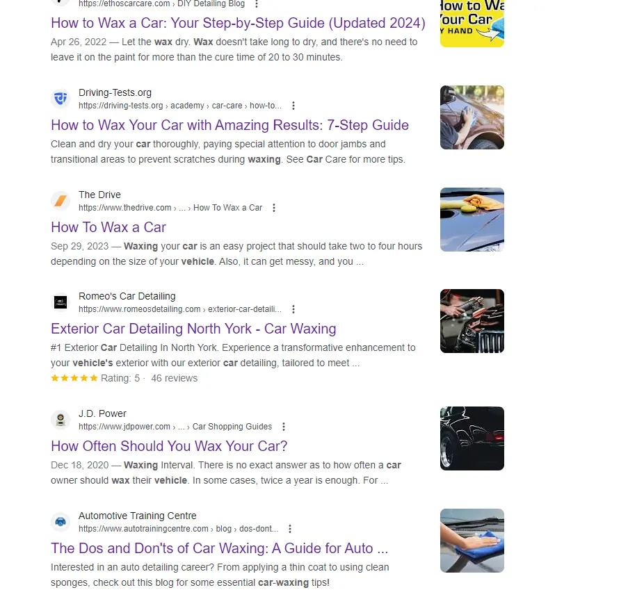 Google results for car waxing