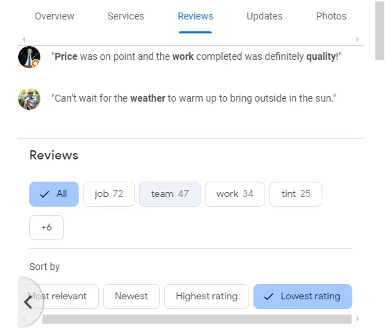 Google reviews sorted by lowest rating