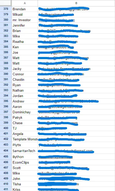 Customer list in a spreadsheet, emails scribbled out