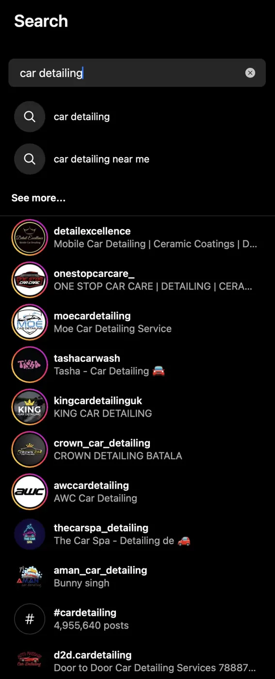 Instagram search results for car detailing